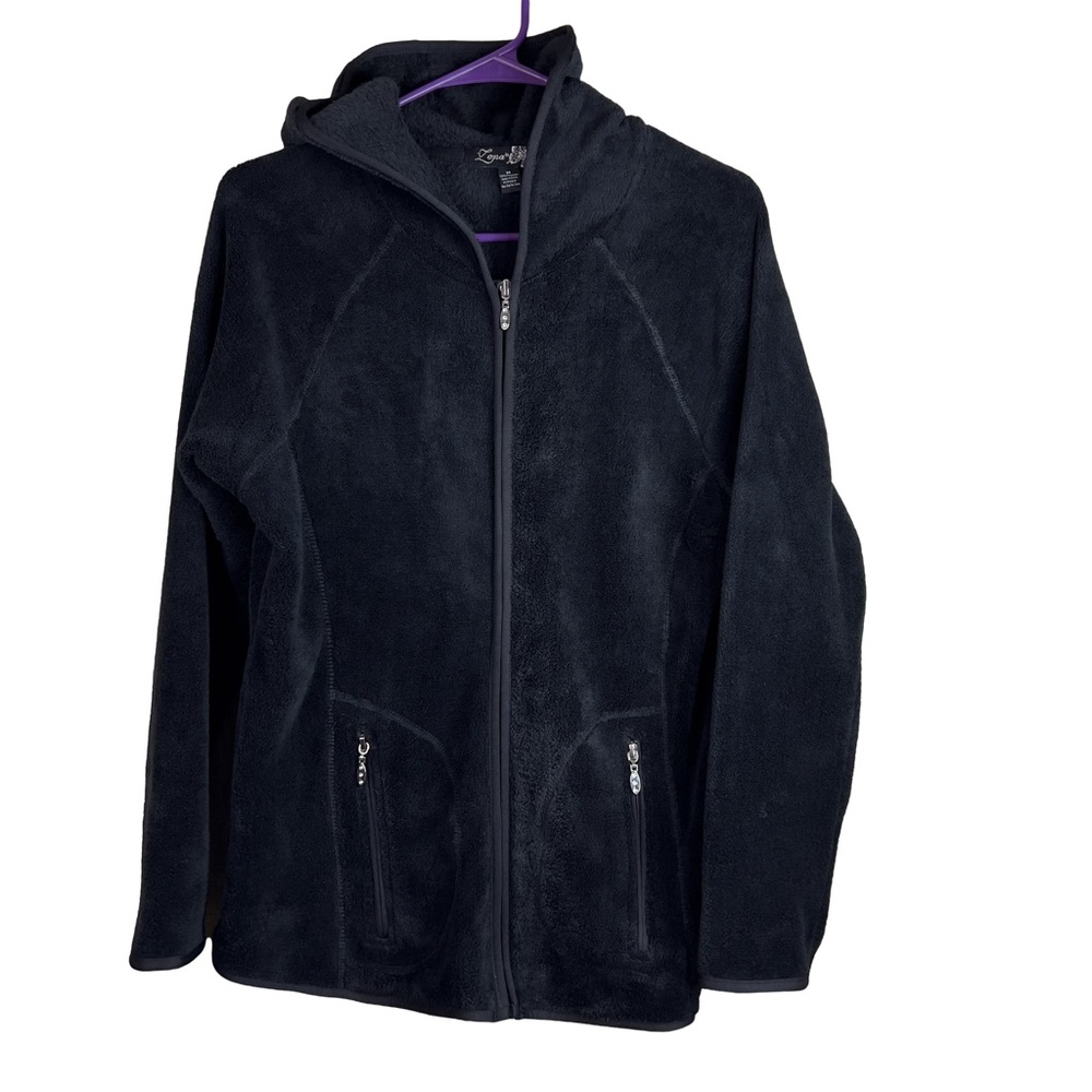 Lena Size Medium Black Fleece Jacket Hoodie Zippered  Front Zippered Poc…